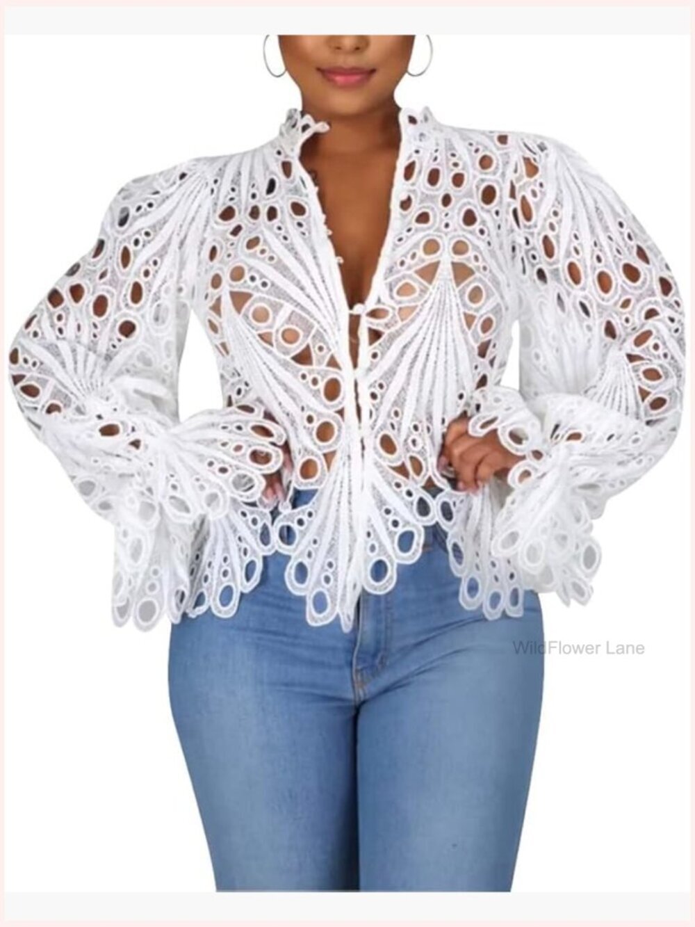 Sexy Lace Long Sleeve Ruffled Blouse V Neck Puff Flare Tunic Top